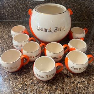 Rare VTG Tom & Jerry  Orange + Ivory  Gold Trimmed Punch Bowl Set With 9 Cups